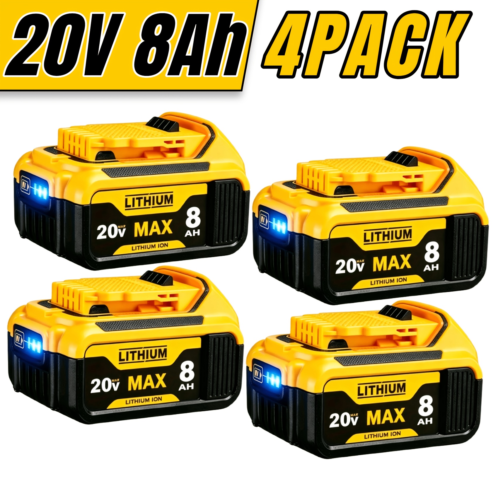 TEMU Lot de 4 batteries de rechange 20 V 8000 mAh pour batterie for Dewalt 20 , compatibles avec les batteries DCB200, , DCB201, DCB204, , DCB206,