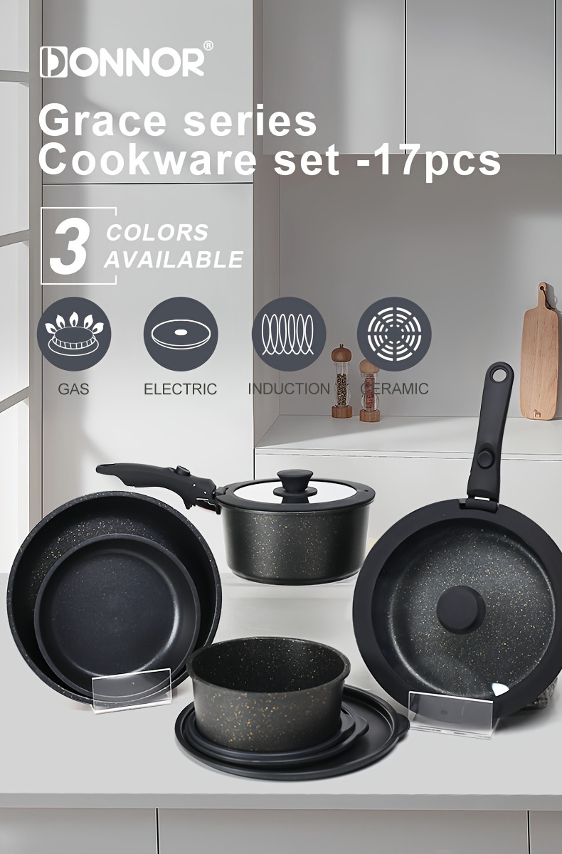 5 piece detachable handle cookware set aluminum non stick pots and pans versatile kitchen essentials with removable grips compatible with   heat   details 0