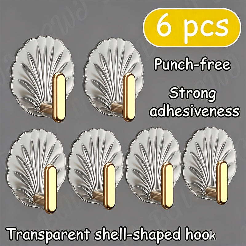 TEMU 6pcs Non-drilling, Strong Adhesive, High-load-bearing Hooks, Seamless, Light Luxury Shell-shaped Clothes Hooks, Suitable For Use On Walls Behind