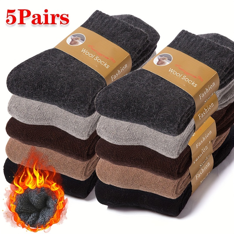 

5 Pairs Men's Thick Wool Socks - Winter Mid-calf Crew Socks With Polyester, Wool, Spandex, And Cotton Blend - Solid Color Knit Fabric - Hand Wash Or Dry Clean Only