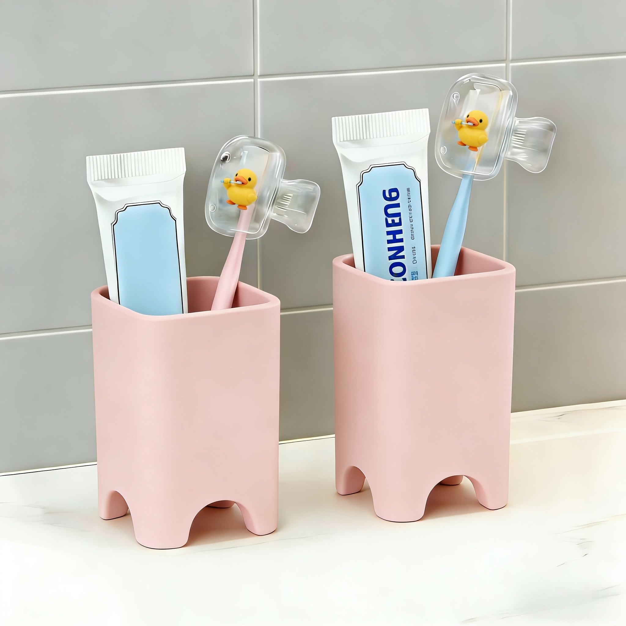 Image of 2pcs Of Portable Dust-proof And Cute Little Yellow Duck Pattern Toothbrush Case - Suitable For Sizes Of Travel Sets, With Ventilation Holes To Keep The Brush Head , Suitable For Home And Travel Use