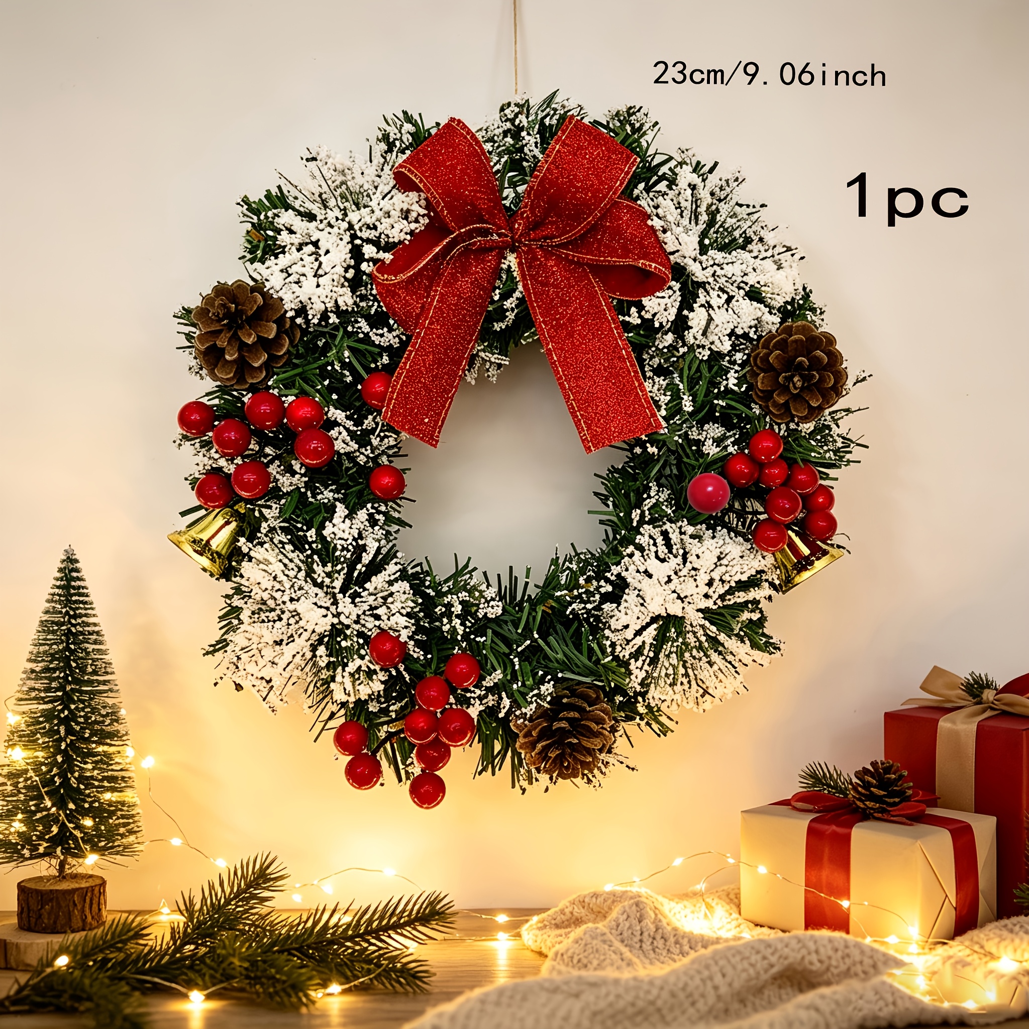TEMU 1pc Snow-covered Velvet Artificial Christmas Wreath, With Red Berries, Pinecones, , And Glittering Pink Bow; Front Door, Window, Wall Hanging