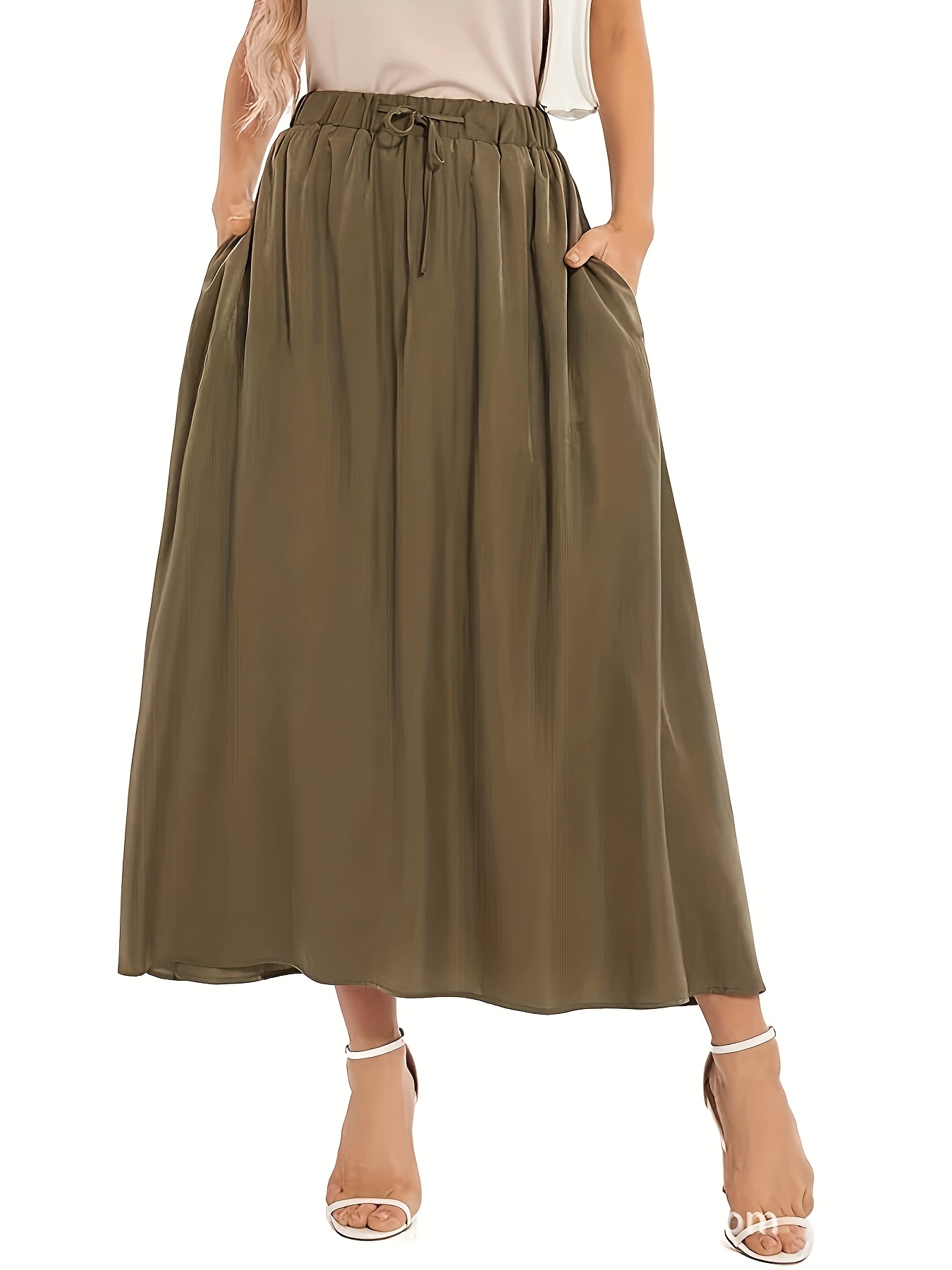 Women's Vintage Bohemian Satin Midi Skirt Adjustable Drawstring Waist,  Loose Fit Long Flowy Solid Color Skirt for Casual Formal Wear E