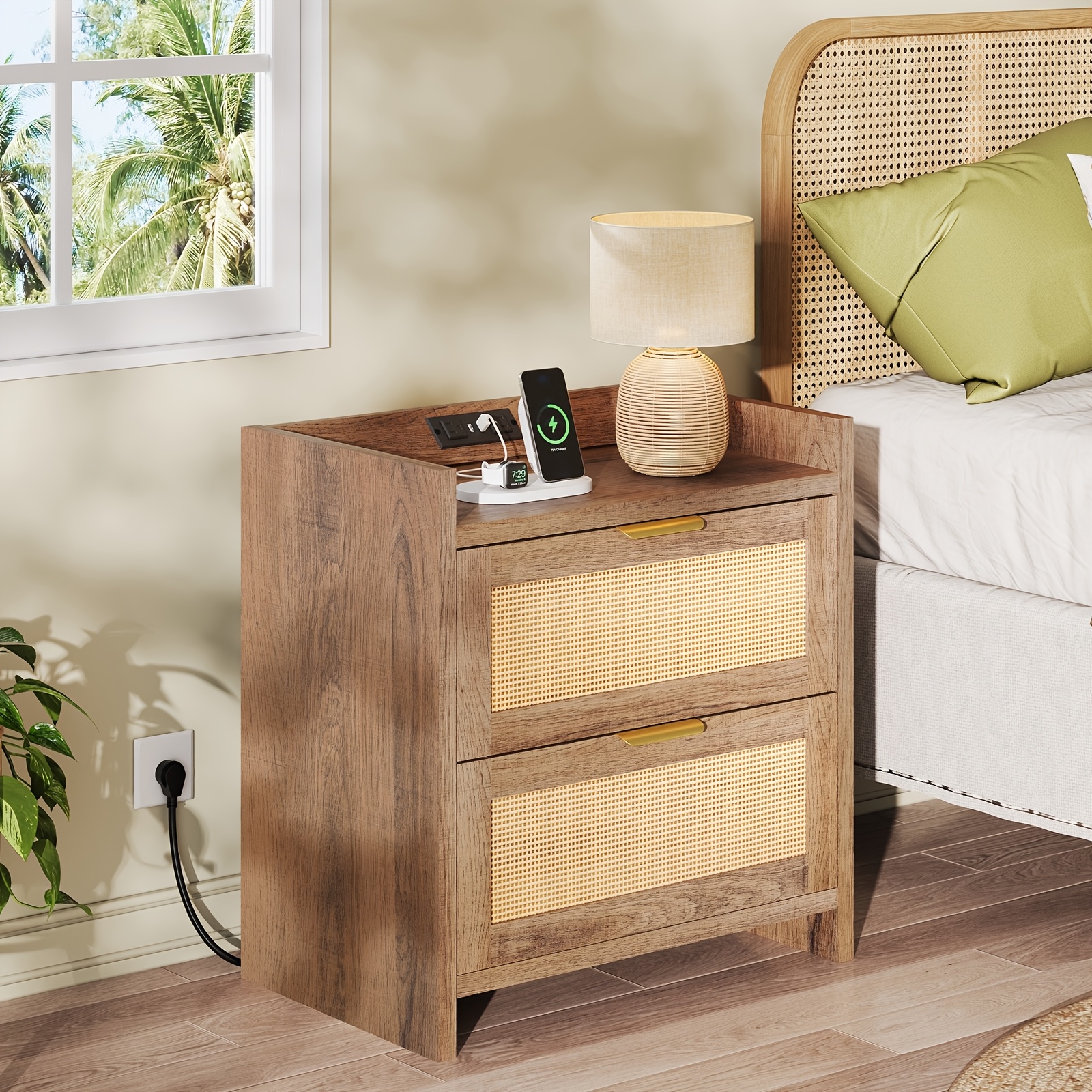TEMU Rattan Nightstand With Charging Station, As 1pc Or Set Of 2, Bedside Table With Type-c Port And 2 Rattan Drawers, Boho End Table For Bedroom And Small Spaces