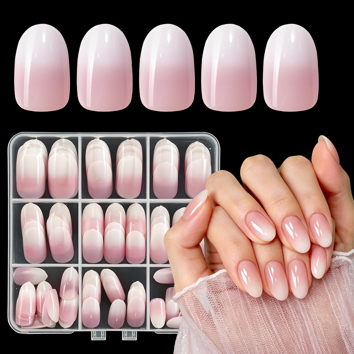 TEMU 144 stuks Glanzende Korte Amandelvormige Plaknagels in Doos - Roze Glitter, Ovale Medium Lengte met Glanzende , Herbruikbaar voor Dagelijks