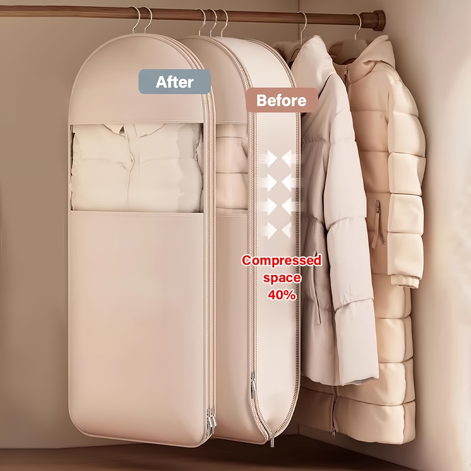 3-Size Beige Compression Hanging Bag (90/110/130cm) - 40% Space Saving Vacuum Seal for Down Coats & Winter Wardrobe, See-Through Luxury Storage W/ Durable Zipper, Holiday Essential for Valentine's Day and Easter Gift