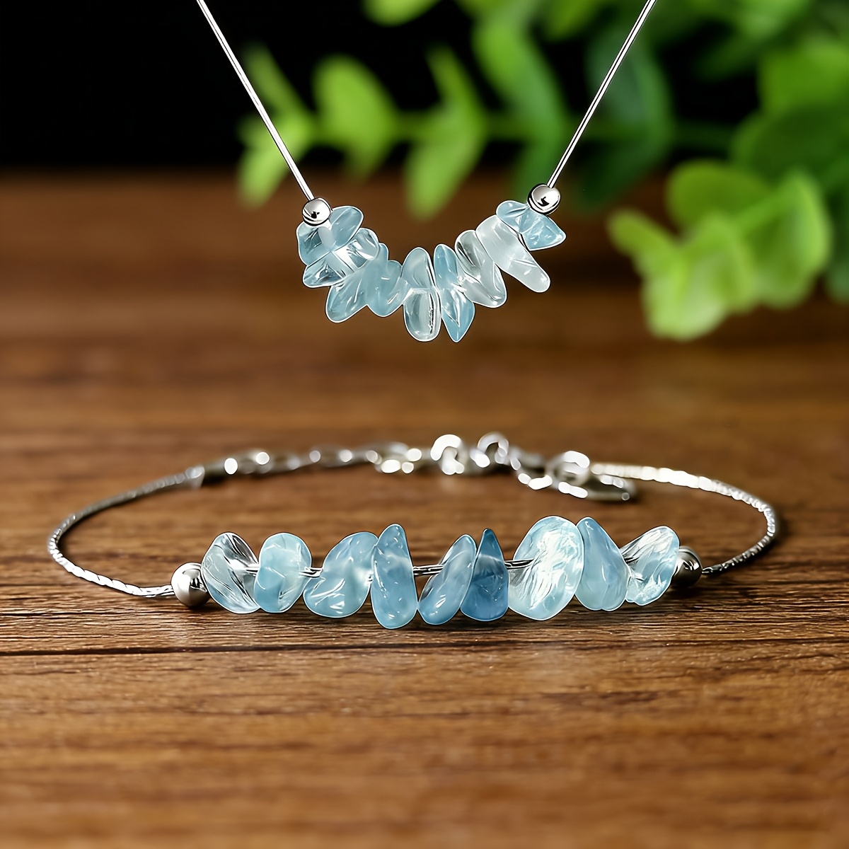 2pcs Aquamarine Gravel Jewelry Set for Calmness