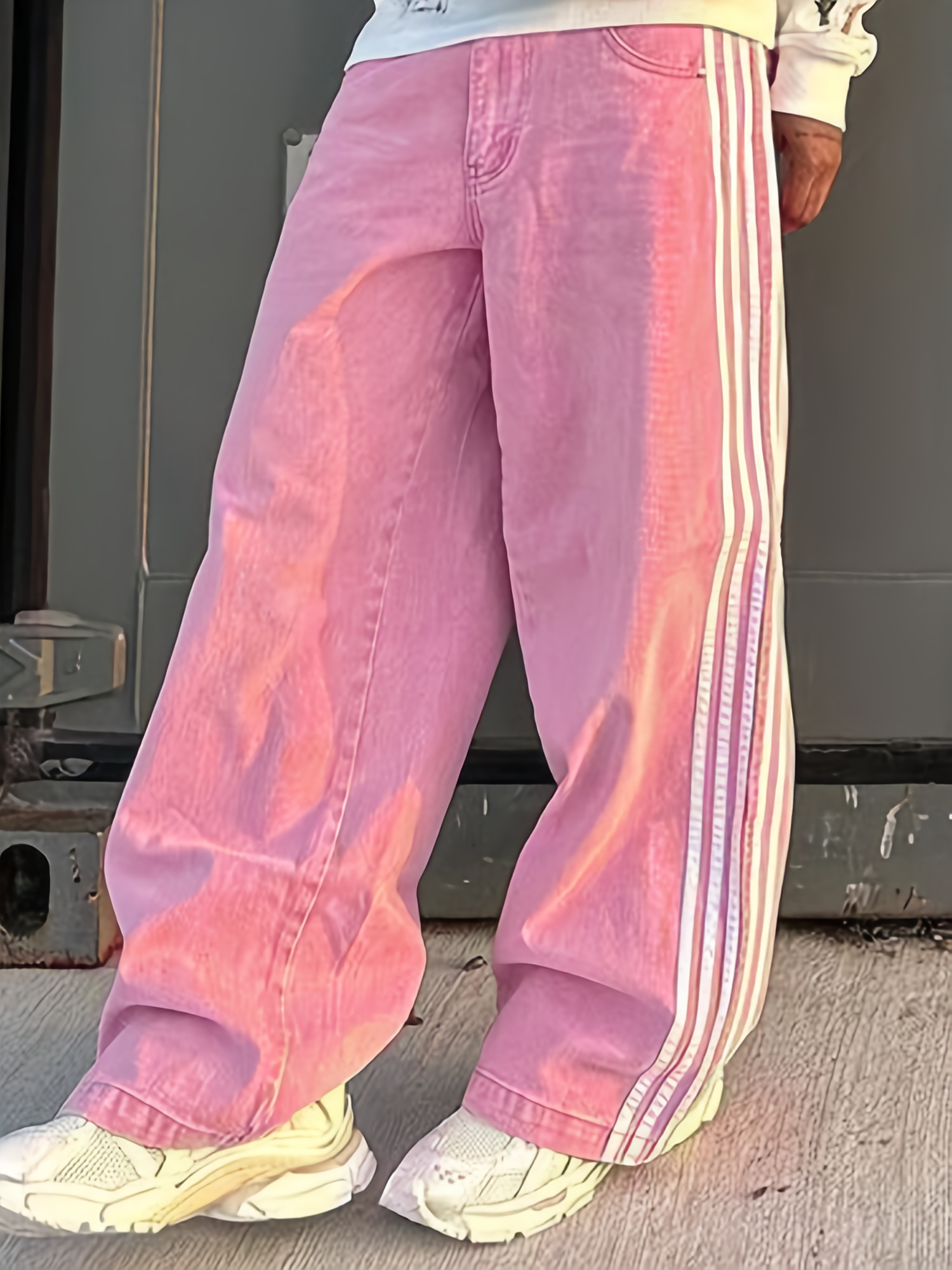 womens y2k oversized baggy jeans side stripes pink white Temu