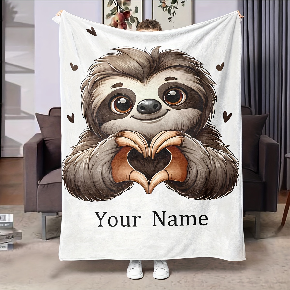 

Customizable Sloth Print Flannel Throw Blanket With Personalized Name, Contemporary Style, Knitted Polyester, Animal Theme, Geometric Pattern, Ideal For And Nap