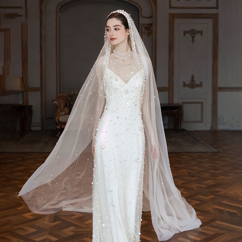 1шт. стильное свадебное вуаль с бисерной отделкой и длинным шлейфом, аксессуар для свадьбы из полиэстеровой пряжи, ручная стирка, только для свадеб, помолвок и фотосессий, детали 2