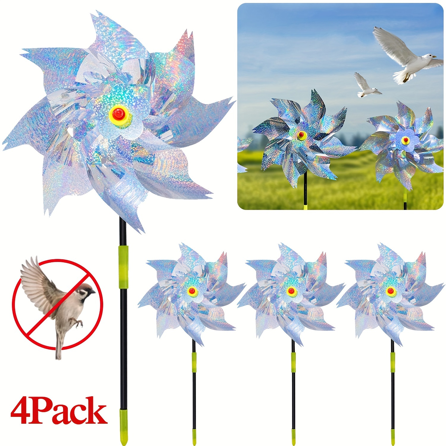 

Set of 4 reflective pinwheels with stakes, bird deterrent sparkly pinwheels, wind spinner upgrade with 8 sparkling panels for garden decoration, silver wind spinner for lawn and patio.