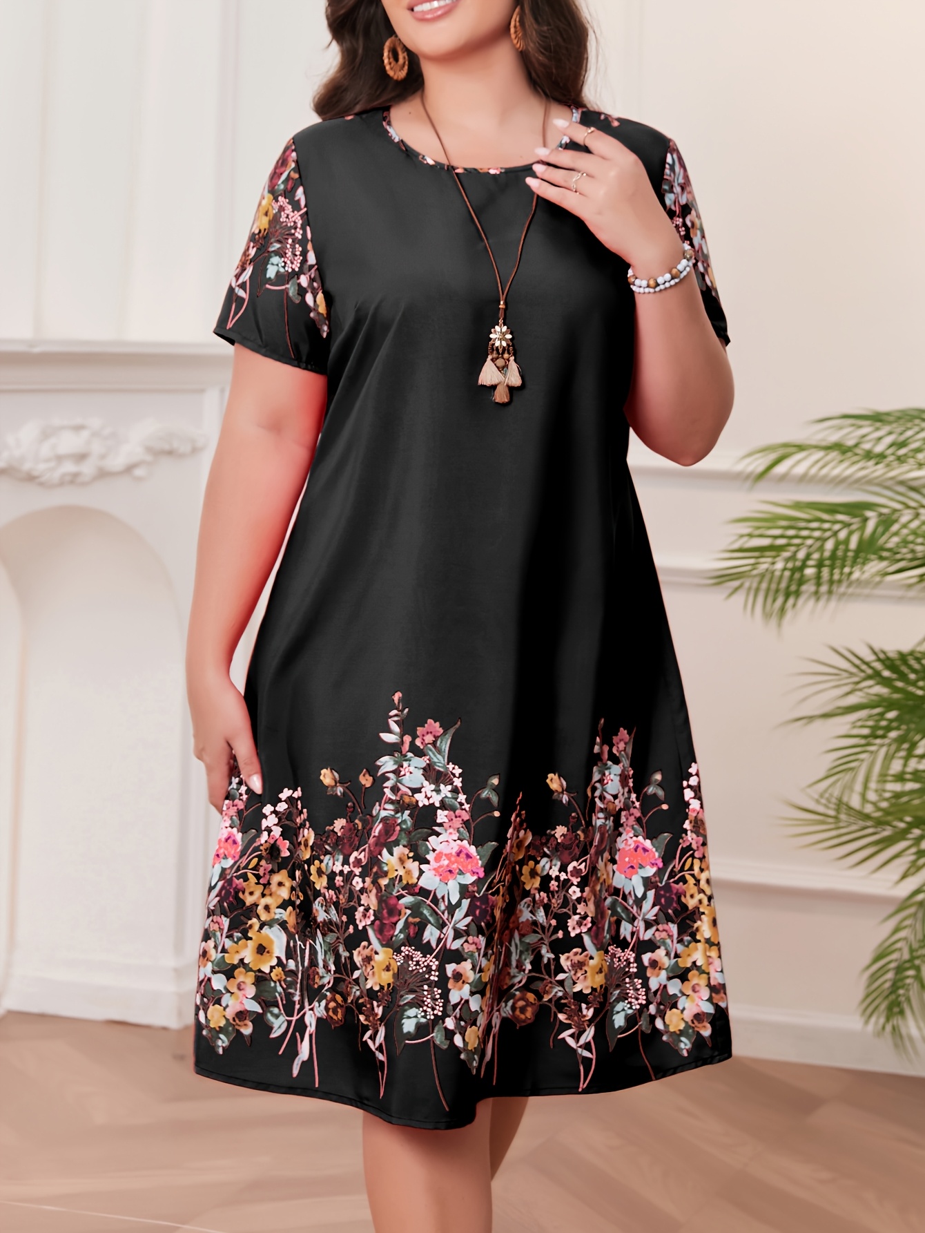 Plus Size - Plus Size - Women'S Plus-Size Spring And Summer Round-Neck Straight Dress with Printed Design, Made from Comfortable Non-Stretch Fabric, Machine Washable, Perfect for Outings And Vacations