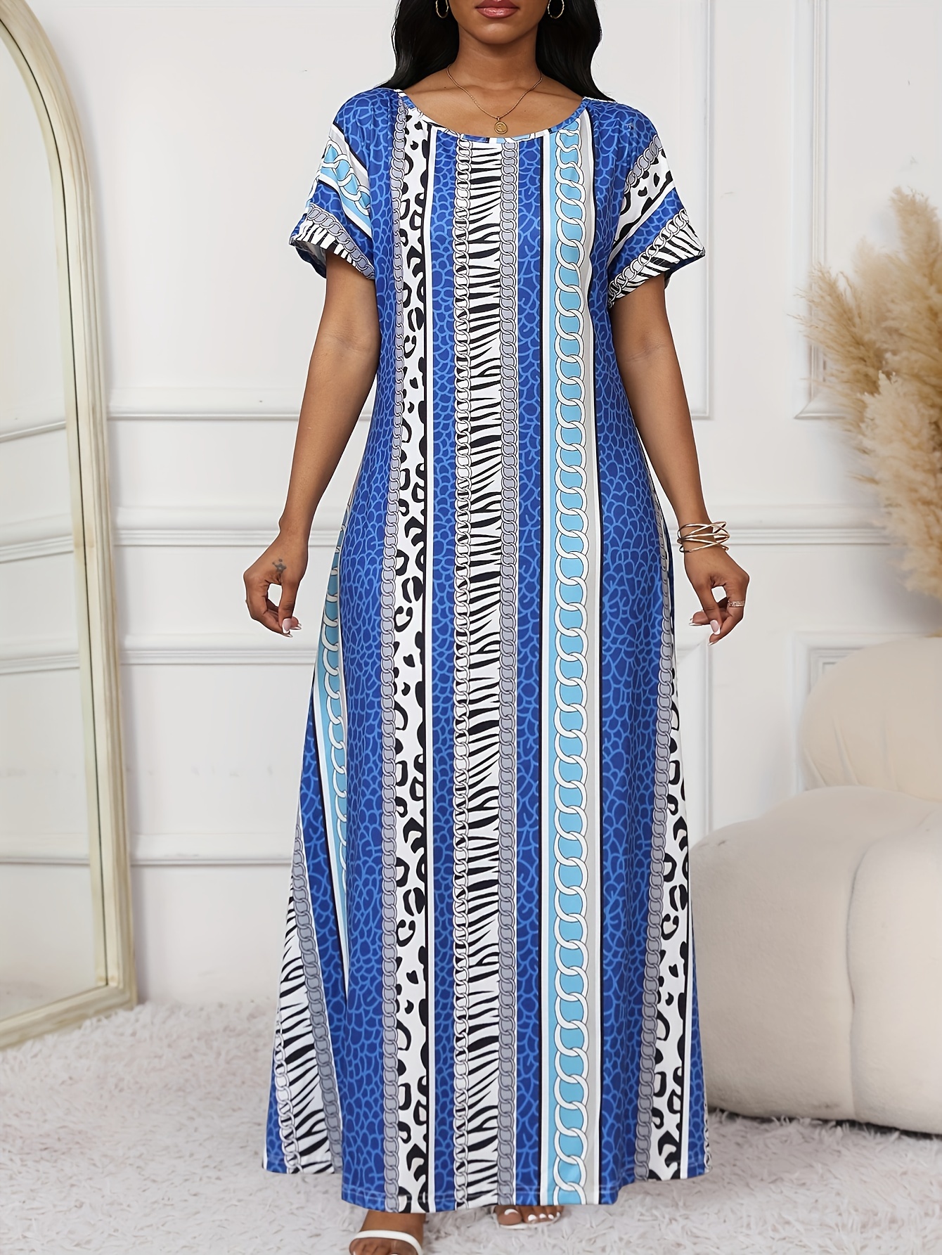 plus size striped print dress elegant short sleeve boat neck - Temu