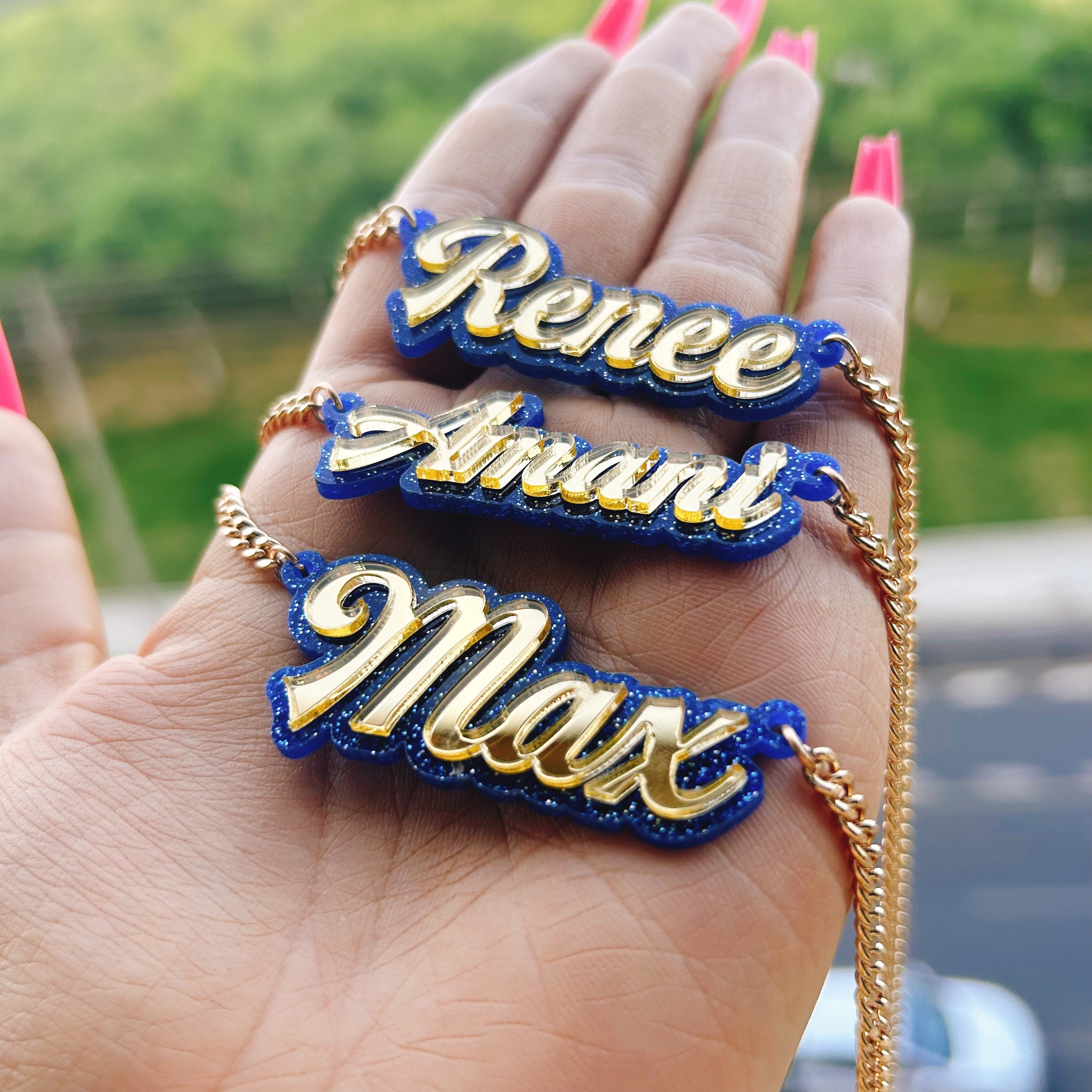 

Personalized Double Acrylic Glitter Blue Mirrored Golden Name Pendants - Perfect For Christmas Gifts Or Everyday Wear
