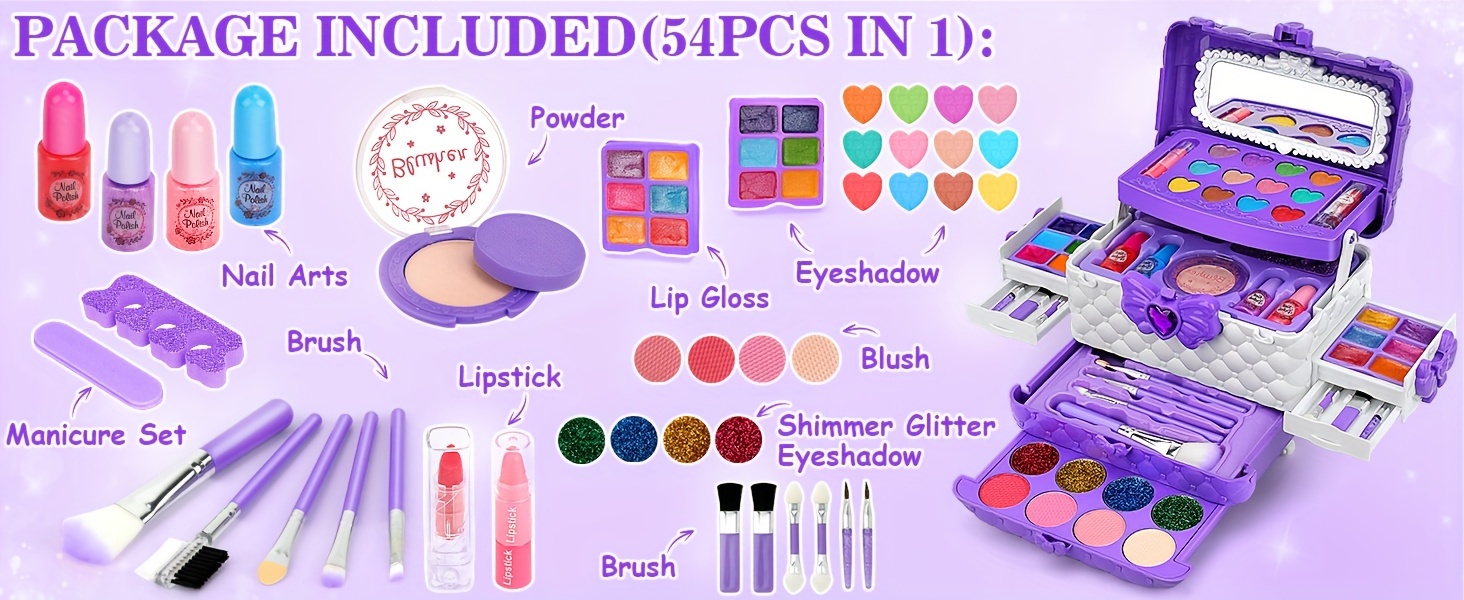 55pcs kids makeup kit for girl washable kids makeup girl toys real make up set kids toys for little girls toddler princess birthday gifts toys for christmas halloween gift details 1
