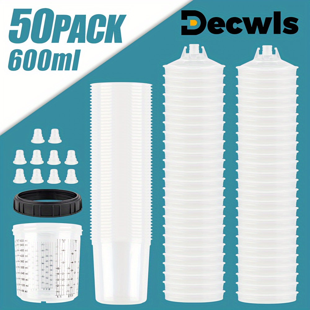 50pcs disposable wash free spray gun mixing cup set replaceable spray   with scale measurement including 50 liners 50 filtered caps 10 sealing rings and 1 plug for   mixing of paint