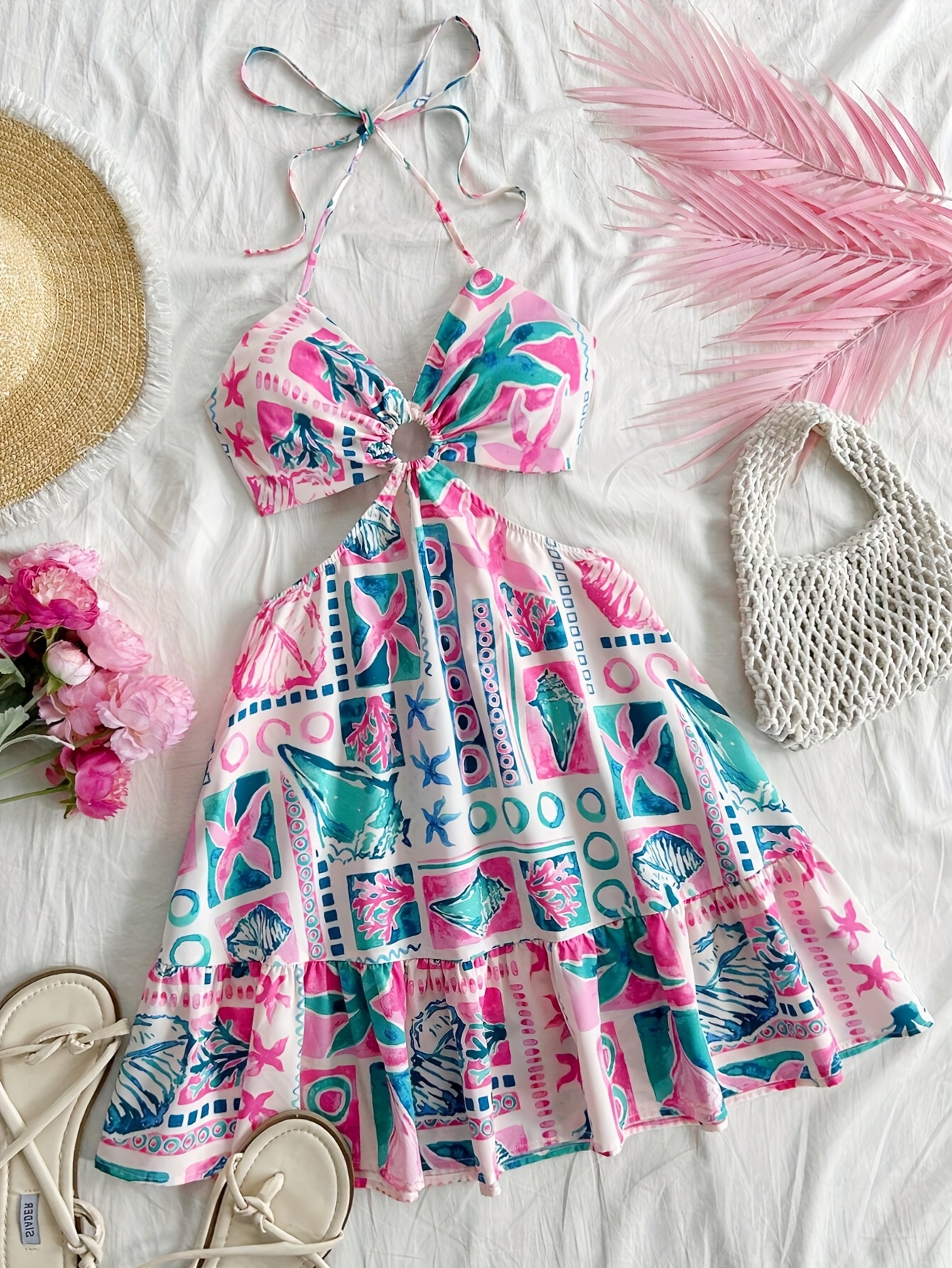 womens tropical floral print halter dress bow detail - Temu Mauritius