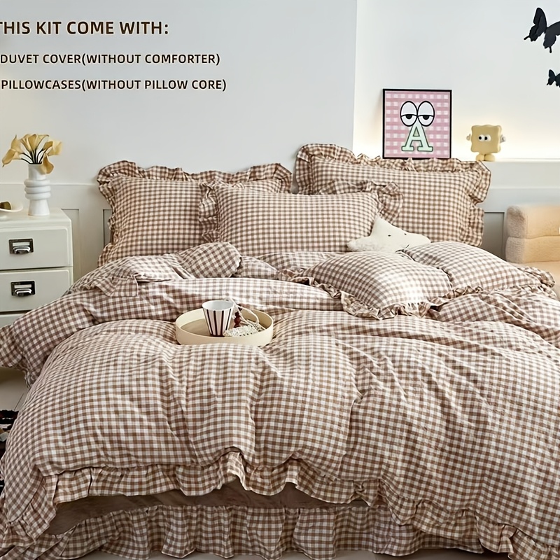 E-shop 3-teiliges Khaki-Karos Bedding Lace Bettbezug-Set, inklusive 1 Bettbezug und 2 Kissenbezüge (Füllung nicht enthalten), Bettbezug mit