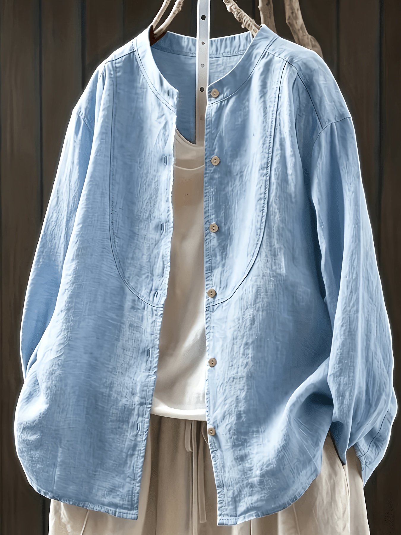 vintage solid color linen shirt loose fit button front closure long sleeve blouse round neck   elegant top for casual dressy wear breathable linen fabric no chest padding