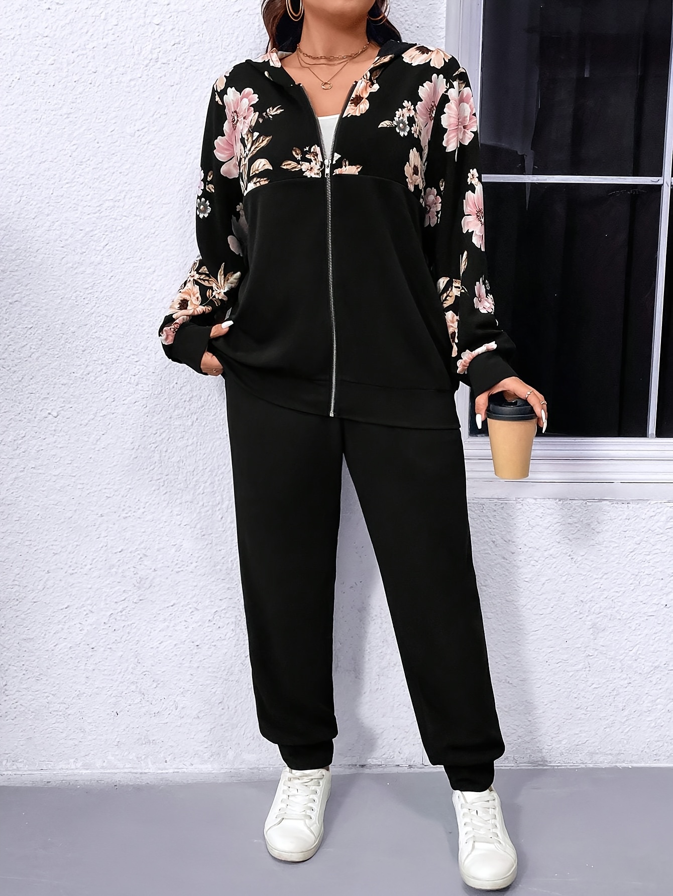 womens plus size floral print hoodie joggers set casual zip Temu