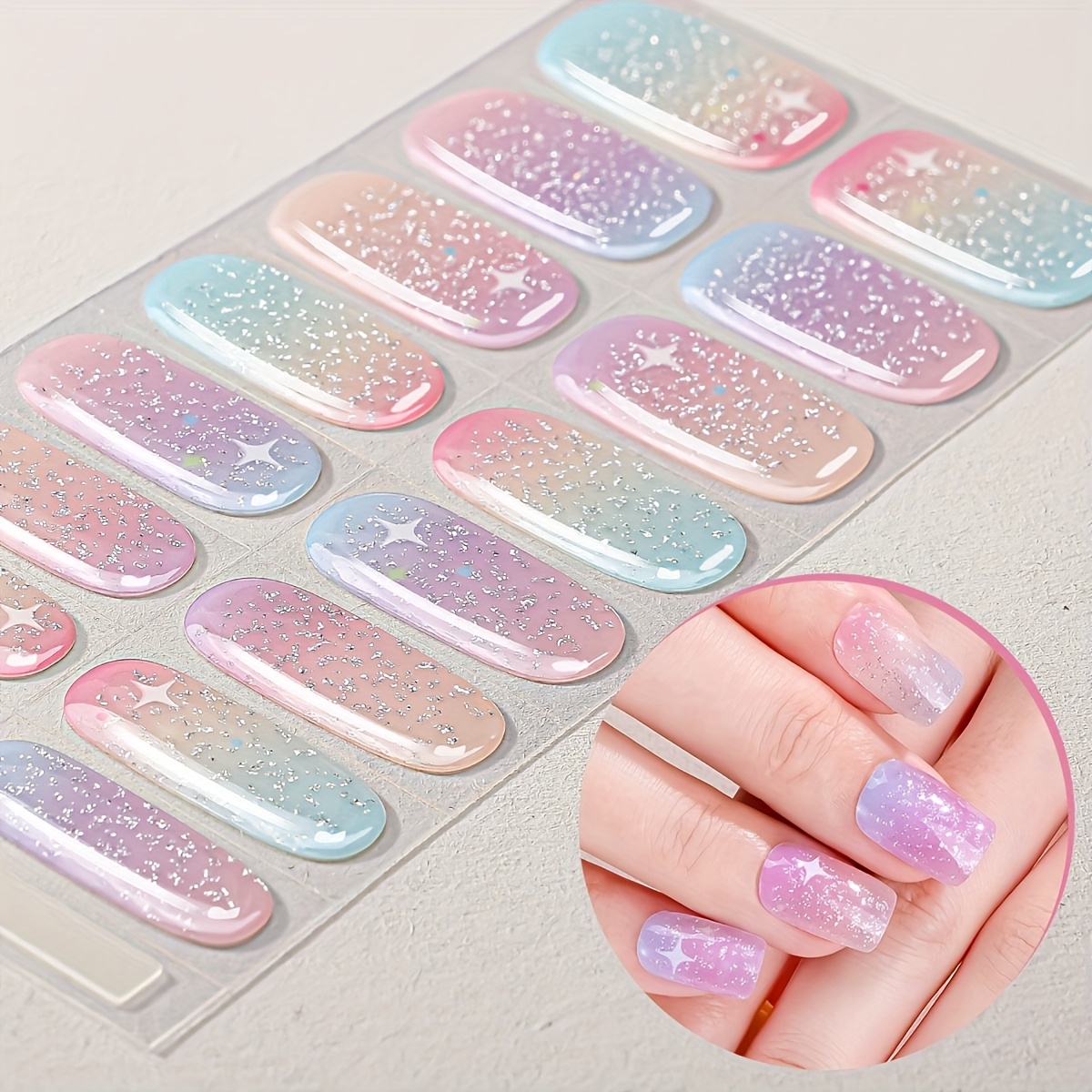 Image of Set Of 16 -free Gel Nail Wraps Featuring Romantic And Sweet Gradient Glitter Designs, With A Colorful Gradient And Accents, Salon-quality Results To Enhance Your Delicate Fingertips