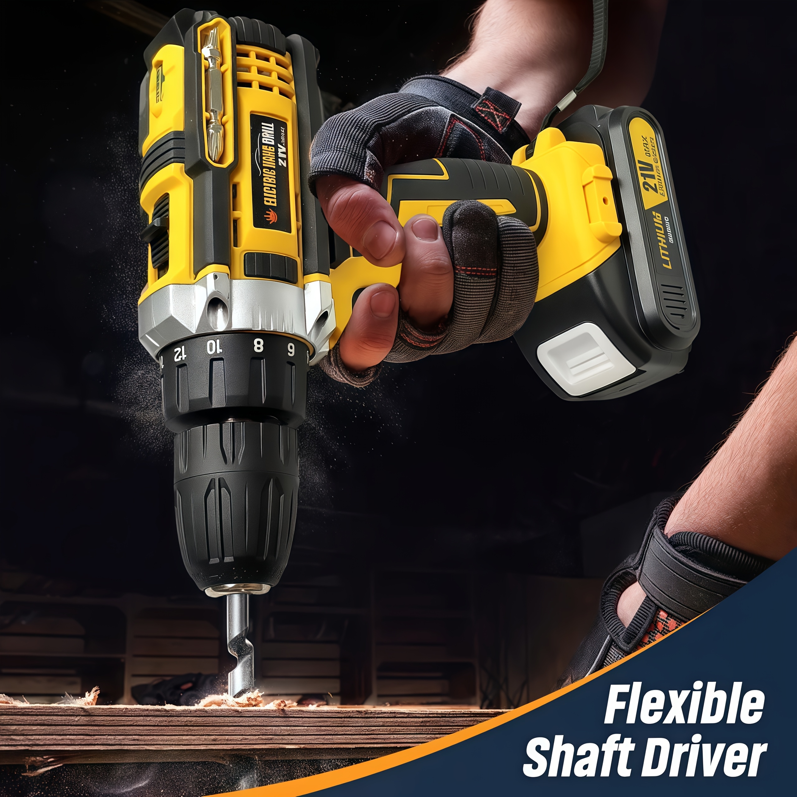 lithium ion cordless drill kit drill set with battery and charger 3 8 inch keyless   variable speed 16 position adjustment and 24 drill bits red yellow blue color scheme ergonomically   household power tool Product details 7