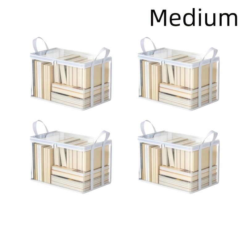 TEMU 4pcs Transparent Book Storage Boxes With Zips, Ideal For Organising Books And Clothes, Tidying Books In Classrooms Or At Home. Transparent,