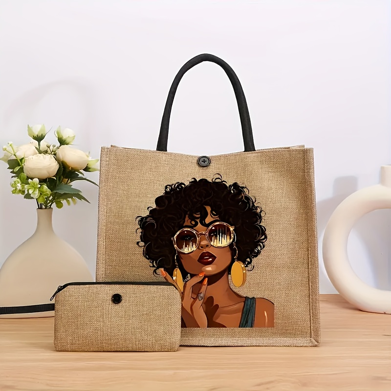 2pcs Women'S Fashion Print Tote Bag and Makeup Pouch Set, Large Capacity  Shoulder Bag with Zipper Small Bag, Fashionable and Versatile Design,