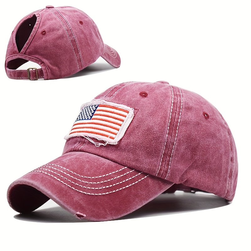 

Distressed American Flag Embroidered Women's Baseball Cap With Ponytail Hole - Adjustable, Breathable Polyester, Outdoor & Fitness Hat, Classic Curved Brim, Ideal Gift, Embroidered Baseball Cap