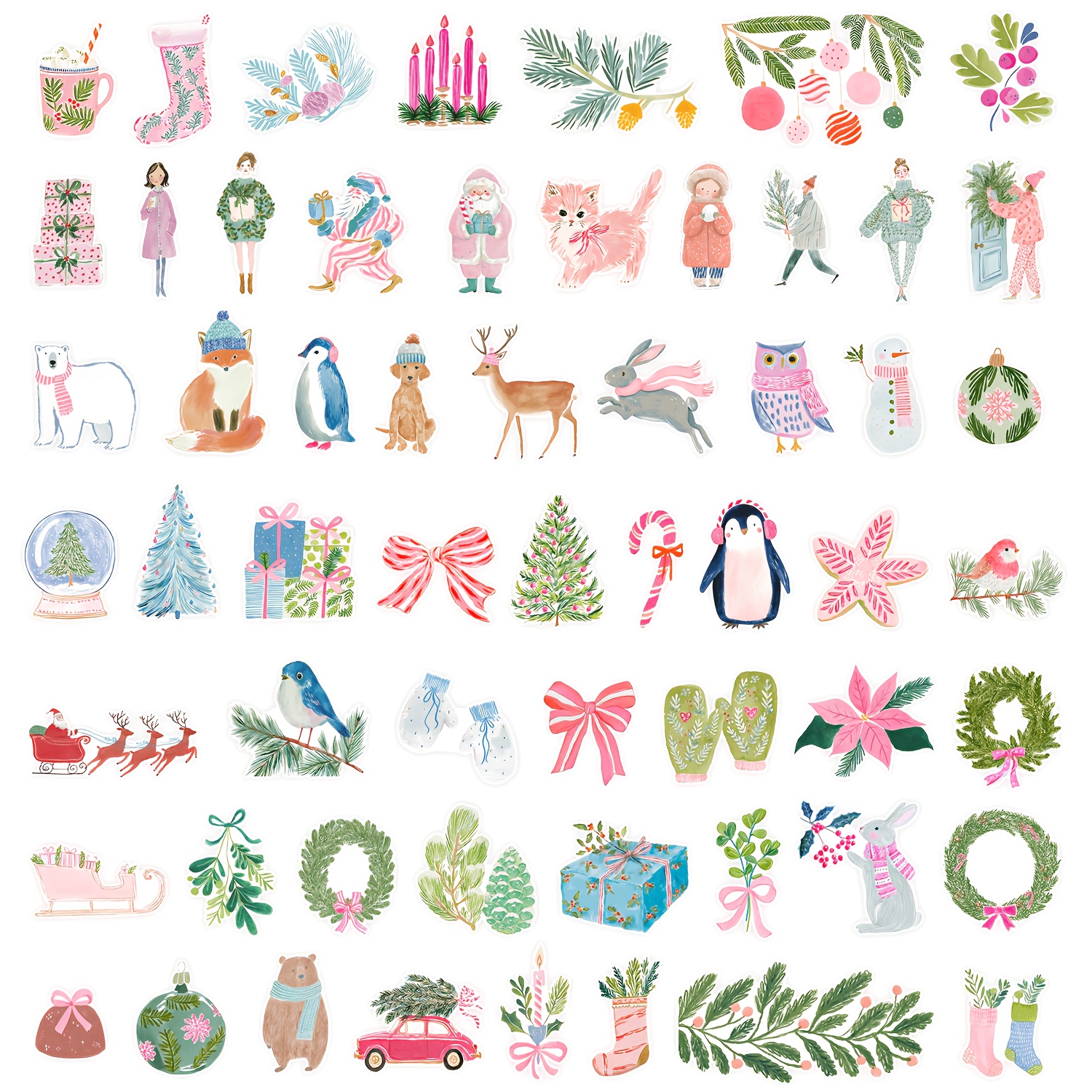 TEMU 58 stuks winterse kerststickers, schattig aquarel kerststickerspakket voor waterflessen, plakboek, dagboek, cadeaus voor de feestdagen