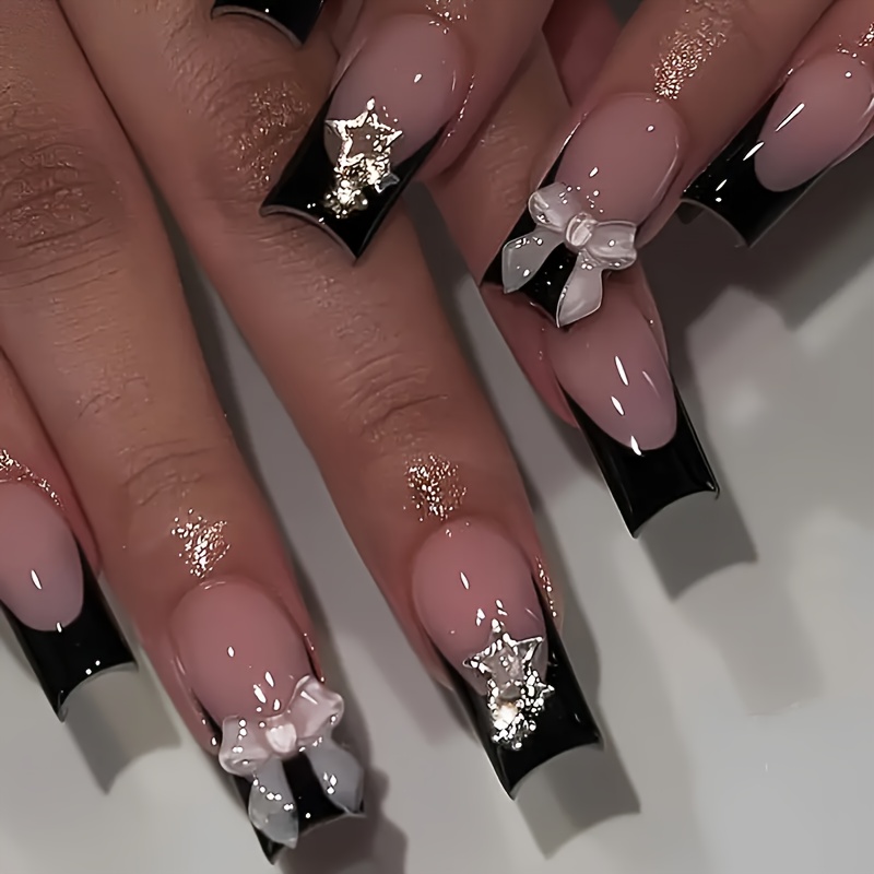 

Ensemble de 24 Ongles Chic Noirs à Bout Français - Carrée Moyenne, avec Nœud en Cristal 3D & Breloques Étoile, Faciles à Appliquer, , Ongles de Qualité Salon pour Femmes et Filles