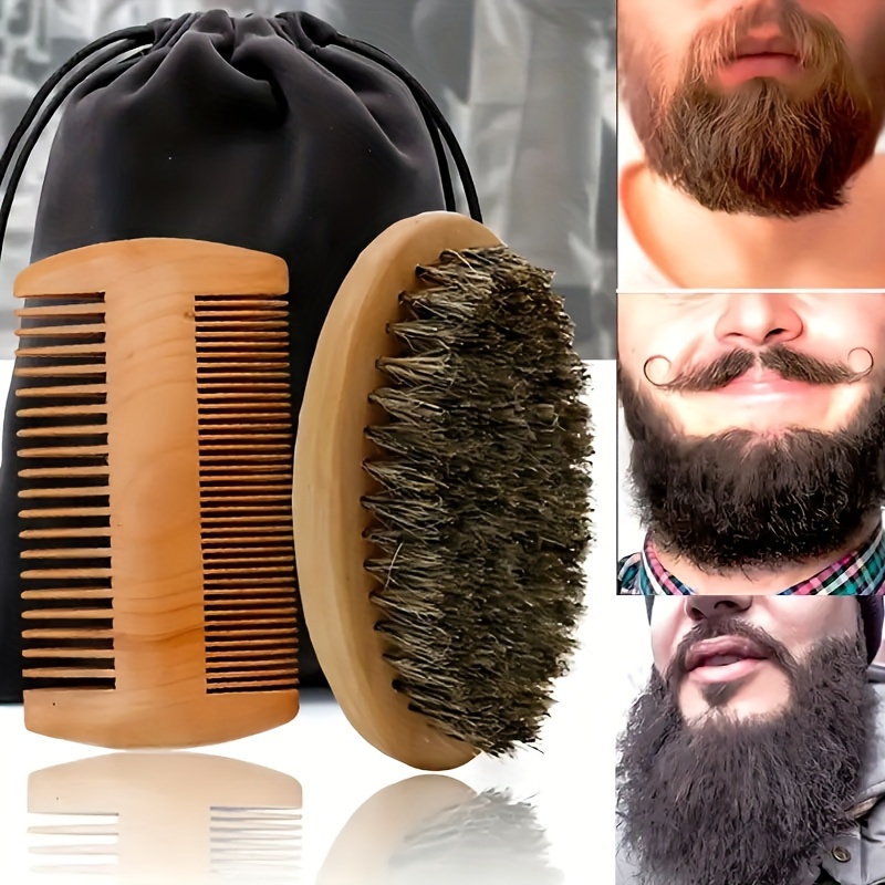 TEMU Men's Wooden Beard And Comb Set - Perfect For Grooming Facial Hair, Includes A Wooden Comb, Beard Brush, And A Storage Bag