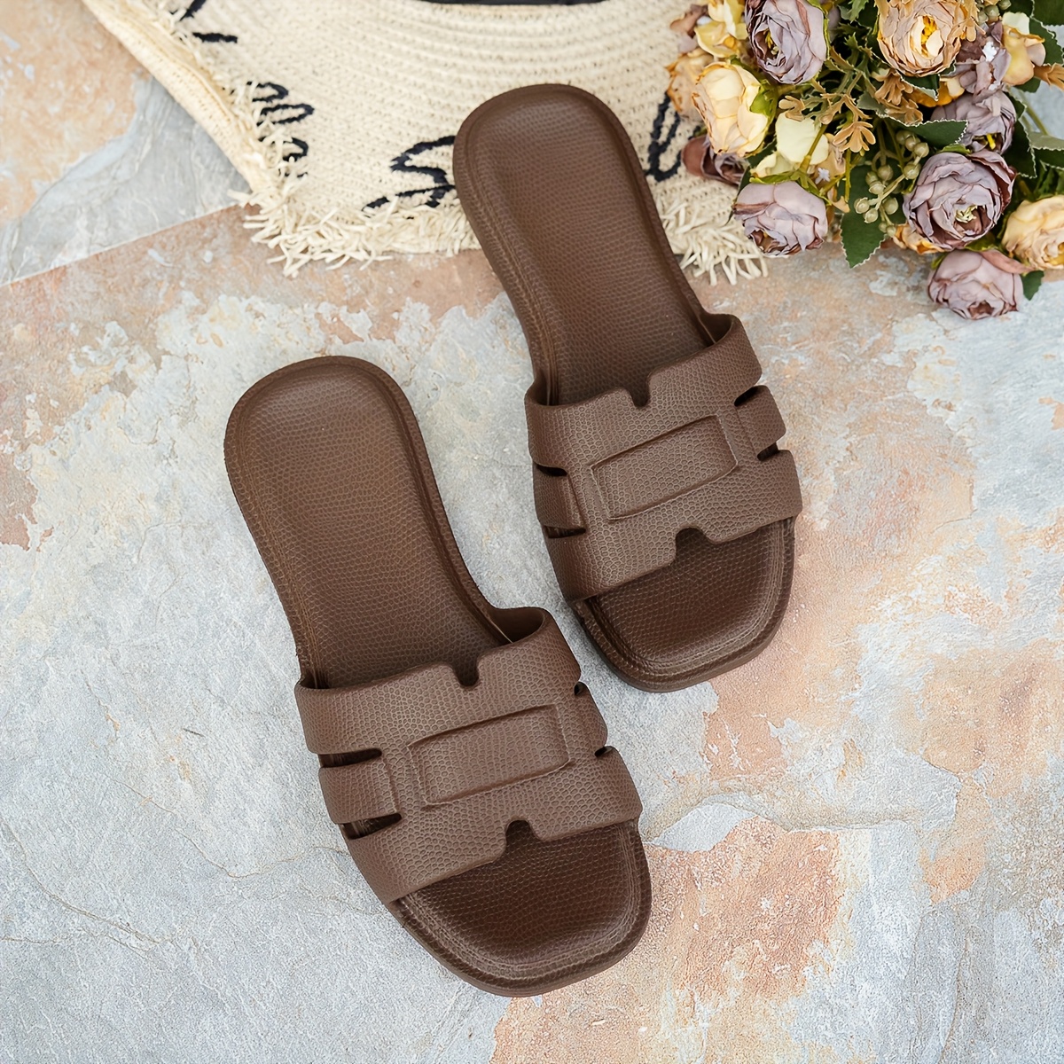 Women's Black EVA Flat Slides - Open Toe Summer Beach Sandals, Casual Comfortable Slip-On Shoes with Ankle Strap, Large Size for Outdoor Relaxation, Ladies Sandals