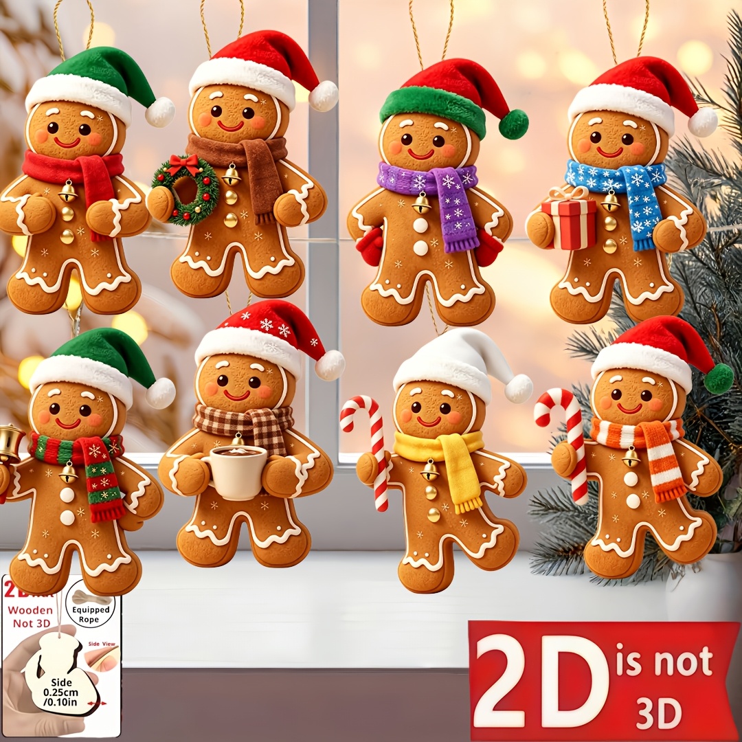 TEMU Ornements à suspendre 2D plats, 8 pièces/ensemble, figurines mignonnes d'épices - Ornements artificiels en bois, adaptés aux arbres de Noël
