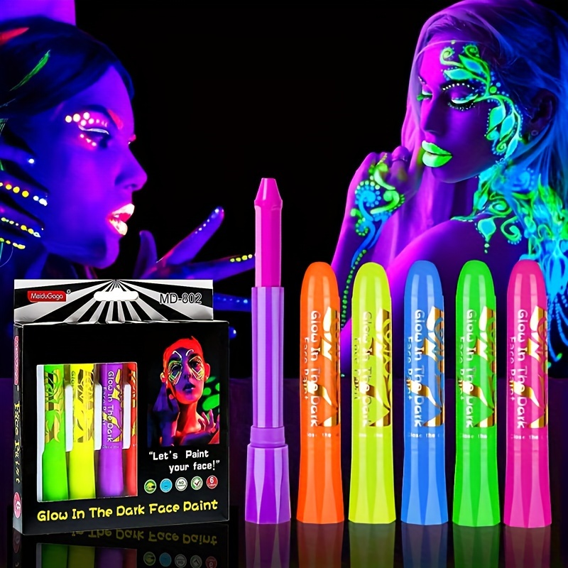 

Glow In The Black Light Face Paint Crayons Kit, 6pcs Uv Black Light Makeup Neon Face And Body Paint Sticks Markers For Mardi Gras Halloween Masquerades Luminous Makeup