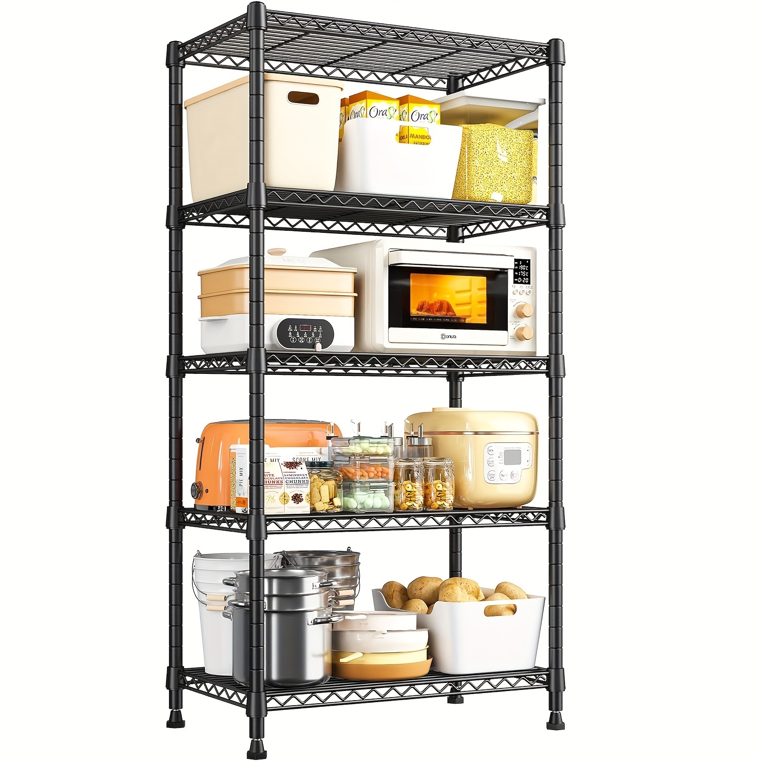 

[] Spacious 5-tier Black Metal Wire Shelving , Adjustable & Heavy-duty, 1000lbs Capacity - Kitchen, Pantry, Closet & Workshop Storage, Easy , 60"h X 13.6"w X 21.5"d