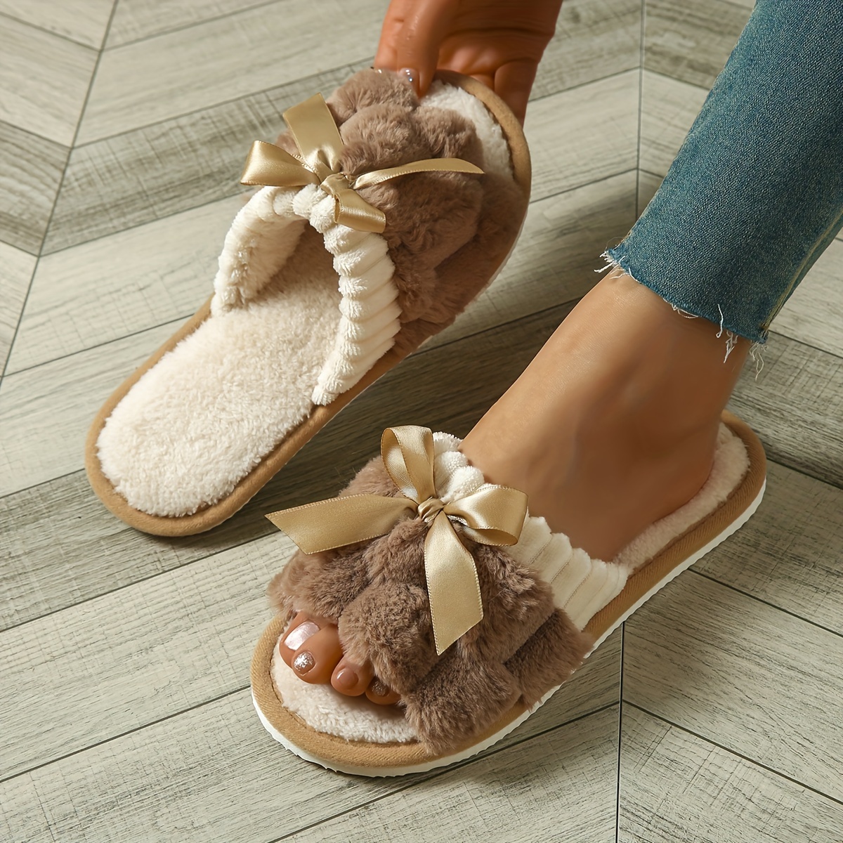 Colorblock Fuzzy Home Warm Slippers, Bowknot Decor Soft Sole Lightweight Fuzzy Shoes, Non-slip Winter Plush Shoes