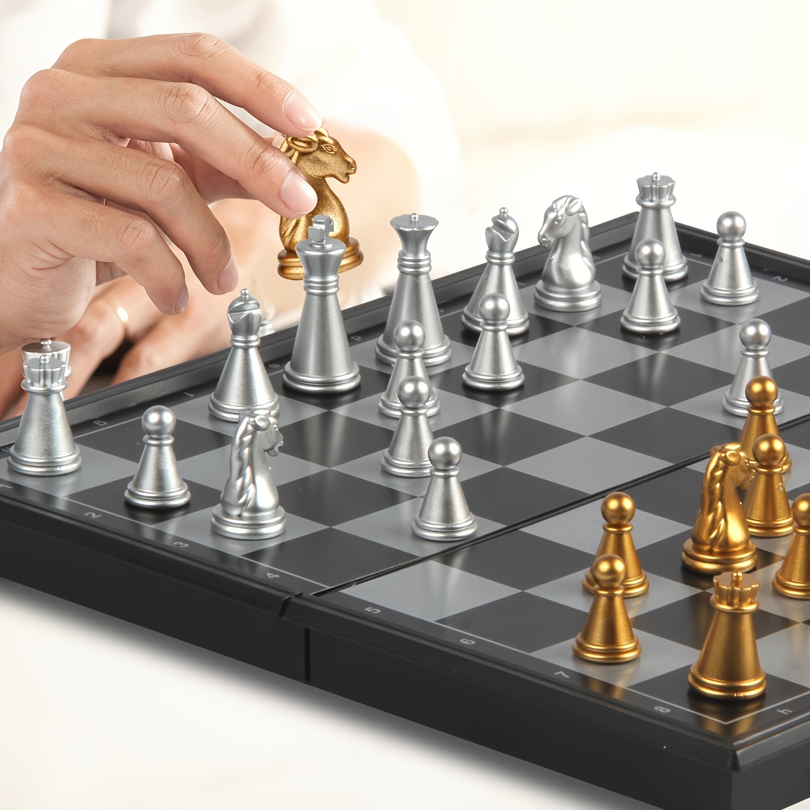 

Portable Magnetic Chess Set - 5.11" Folding Board, Golden & Silvery Pieces, Educational Toy For Ages 6-8, Ideal Gift