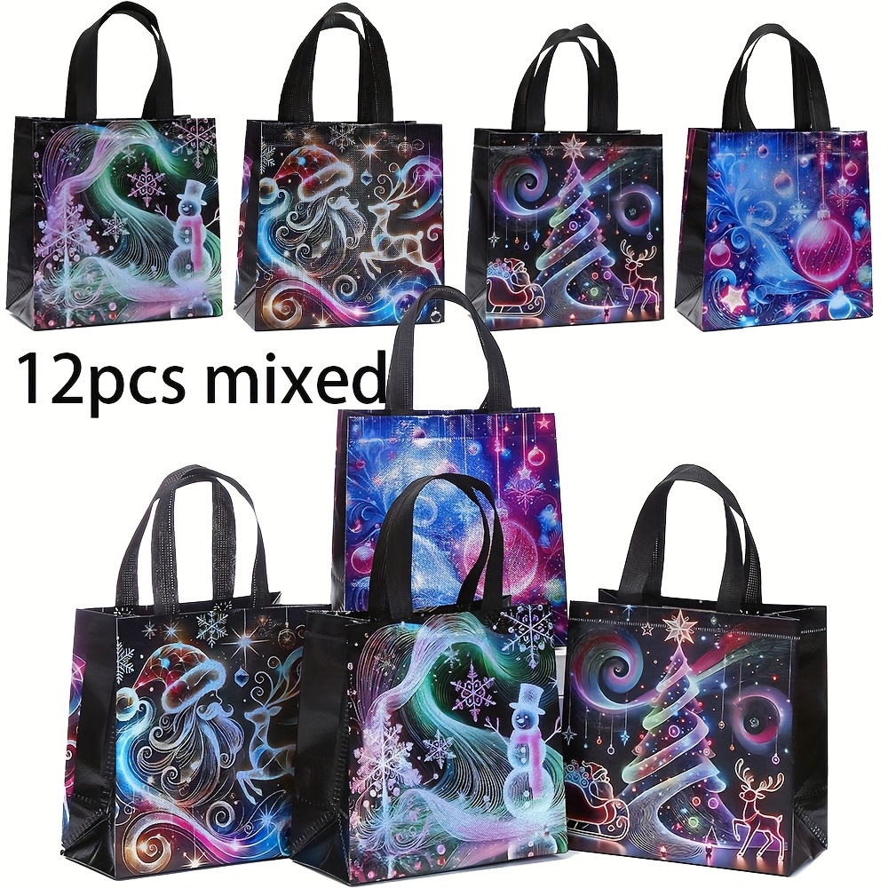 Image of Christmas Festival Gift Colorful Theme Non-woven Bag Party Multi Patterns Gift Bags Christmas, Non-woven With Handle Fabric Bags Christmas Gift Bags Xmas Gift Black Bags