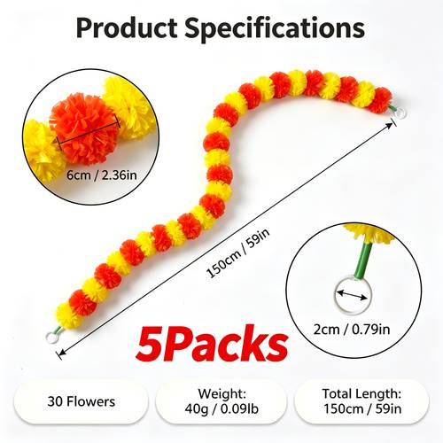 5 pack artificial marigolden flower garlands 1 5m 4 9ft pe plastic flower string reusable waterproof garland for diwali wedding party home wall decor