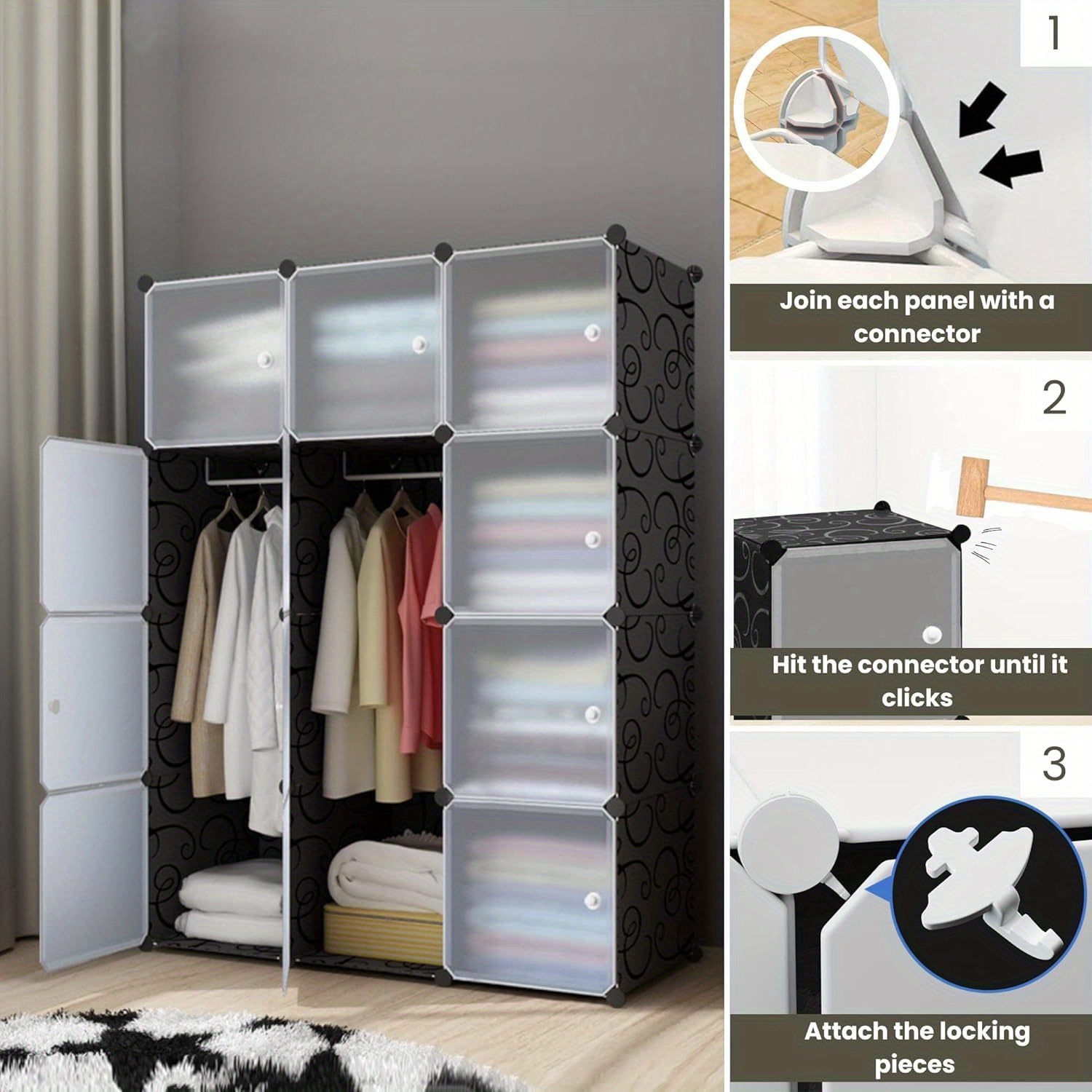 TEMU Large Cube Storage Organizer - 12-cube Modular Shelf With Wheels, 111x47x147cm, Durable Plastic Freestanding Closet & Bookshelf For Clothes,