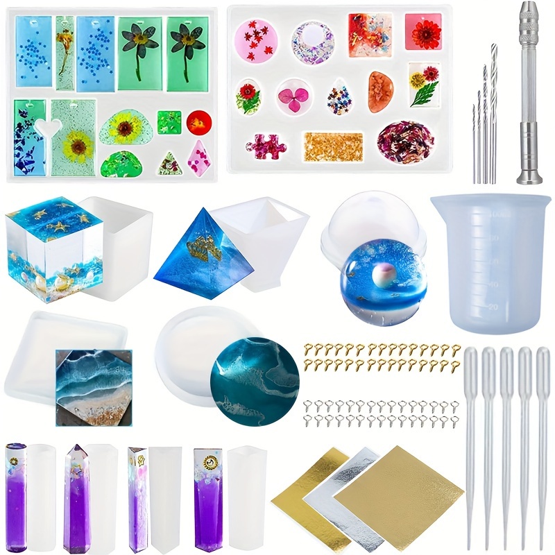 

Kit de de Résine Époxy Complet de 85pcs avec Moules en Silicone - Ensemble de Fabrication de Bijoux DIY pour Débutants, des de Pyramide, , Cube, Dessous de Verre & Outils de Création de Fleurs Séchées