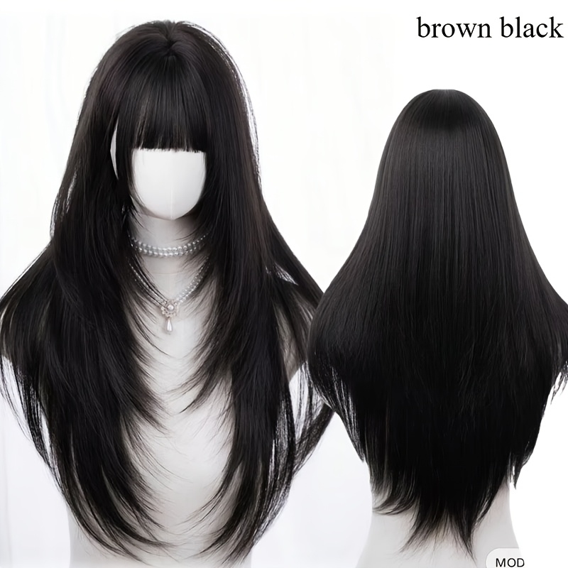 TEMU Black Wig, Synthetic Heat-resistant Straight Hair With Bangs, Suitable For Daily Wear, Wig, Women