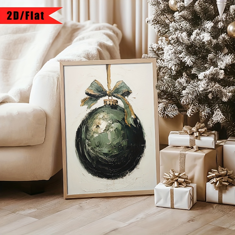 TEMU 2d Flat, 1pc Vintage Green Bauble With Bow - Painted Christmas Ornament Canvas Wall Art, Rustic Xmas Tree Decoration For /outdoor, Vertical