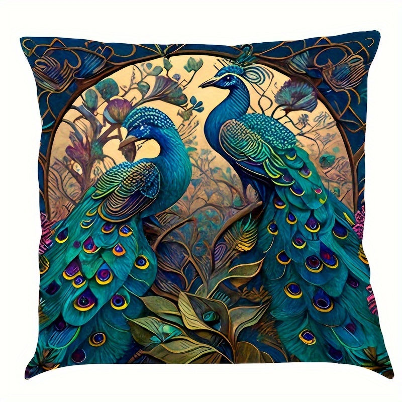 

1pc Elegant Peacock Oil Painting Short Plush 18x18inch Throw Pillow Cover - Vintage Style, Zippered, Machine Washable Decor For Living Spaces And Bedrooms