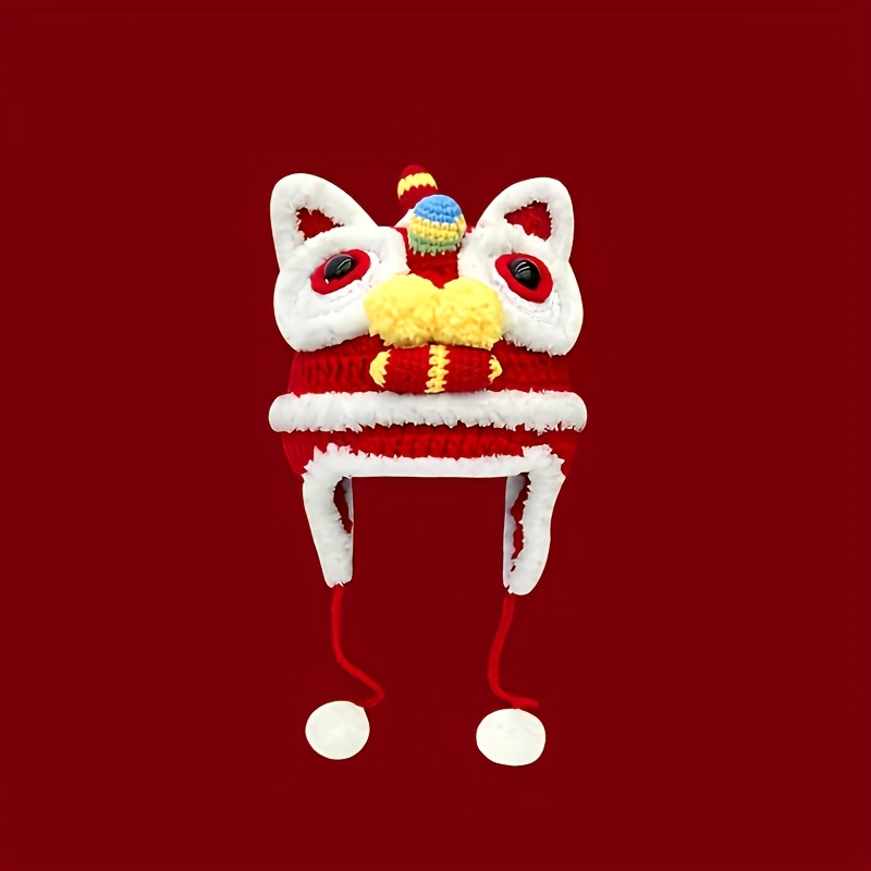 handmade chinese lion dance tiger hat lightweight warm festive red   with pom poms polyester winter hat for new year celebrations cold weather new year lion dance hat   size 0
