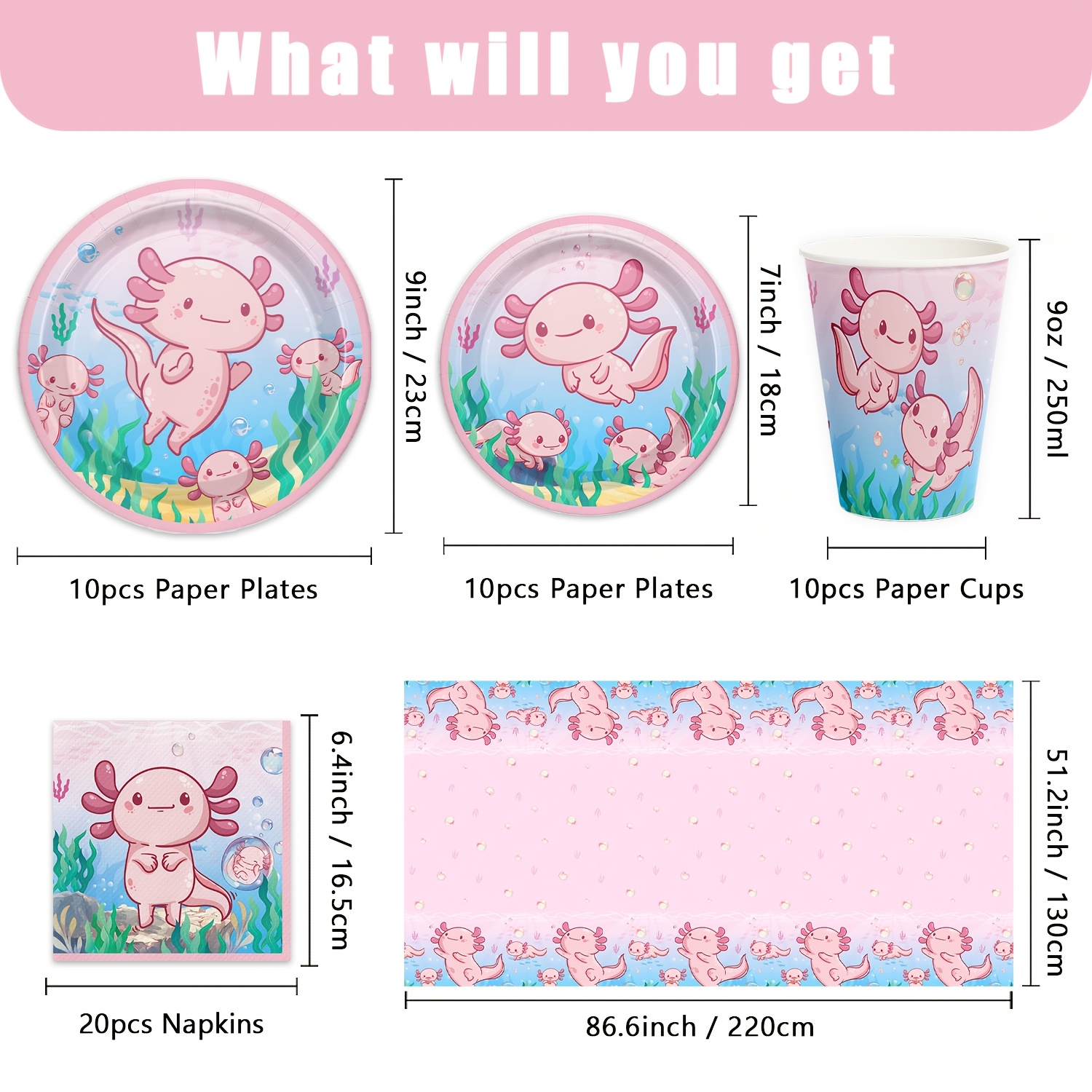 Image of 51pcs Pink Axolotl Birthday Party Supplies Reptile Animals Party Tableware Set Axolotl Party Decor Favors Paper Plates Cups Napkin And Tablecloth For Axolotl Theme Birthday Party I Halloween I Navidad