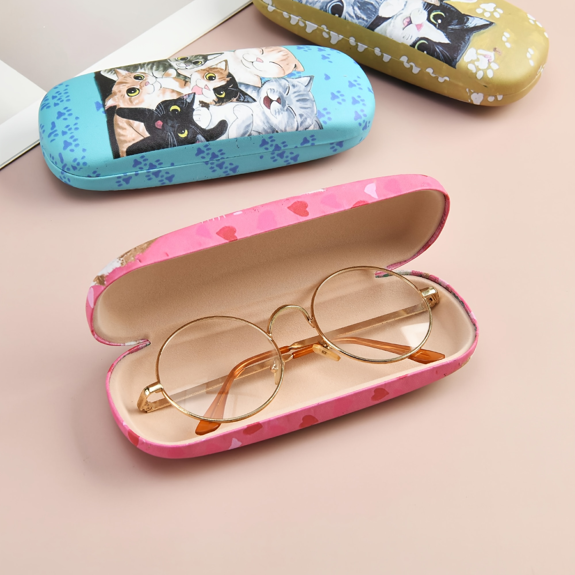 Cute Cat Print Glasses Case, Portable Storage Box