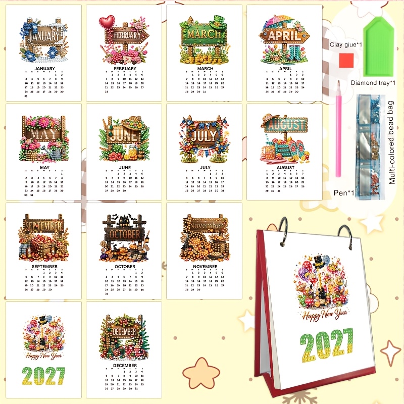 TEMU 1pc 2027 Month Marker Diamond Painting Diy Holiday Series Pattern Calendar, Mini Desktop Calendar, Desk Calendar, Creative Handmade Office Desk