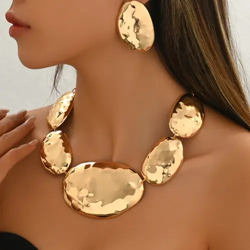 3pcs exaggerated necklace earrings womens jewelry set european and american creative irregular geometric oval size three dimensional round plate splicing design daily photography banquet gift versatile accessory set